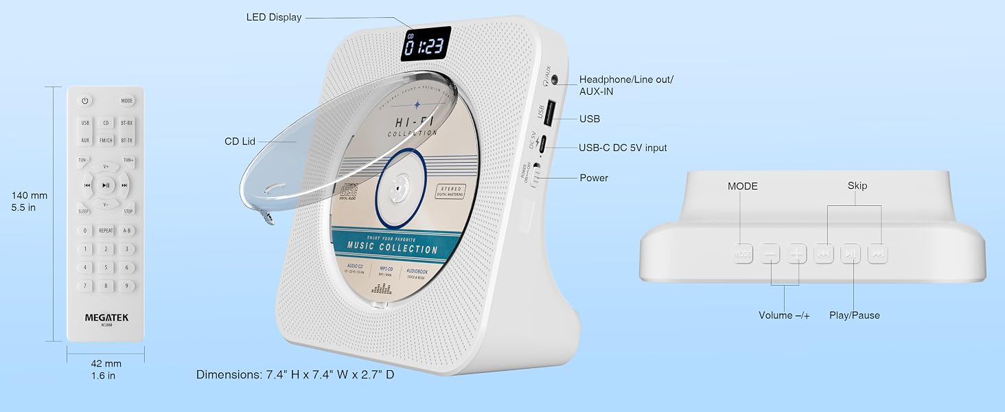 MEGATEK CP28BR Portable CD Player with Compact Desktop Design, Remote Control, On-Unit Keys