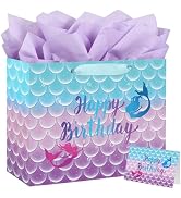 Yusenguan 16.5" Extra Large Mermaid Happy Birthday Gift Bag Set with Tissue Paper, Greeting Card ...