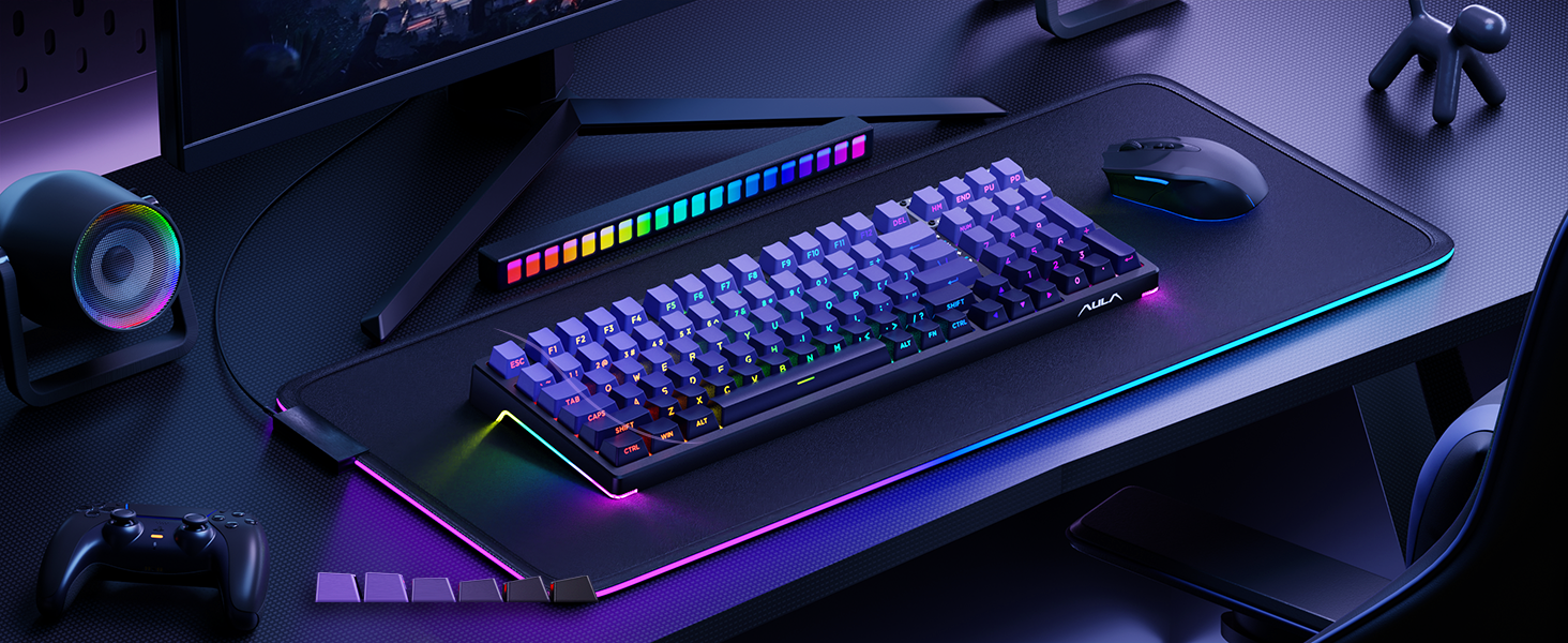 aula F98 ergonomic mechanical gaming keyboard with purple PBT keycaps RGB cool shine back light