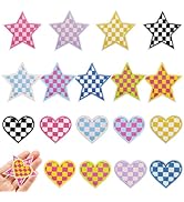 Jongdari 18pcs Multicolour Heart Iron On Patches for Hats, Five-Pointed Star Racing Day Checkered...