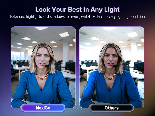 NexiGo: Balanced light vs. Overexposed/Dark competitors.