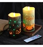 Eywamage Fiber Optic Halloween Flameless Candles, Spooky Pumpkin LED Pillar Candles with Remote, ...
