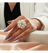 Mnyixsi Fashion Iced Out Pearl Gold Ring for Women, Full AAA Freshwater Pearl Jewelry, Handmade P...