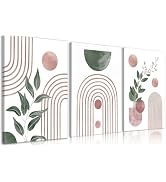 Frimeeme Framed Large Boho Pink and Green Canvas Print Set of 3 ,Abstract Leaves Geometry, Ready ...