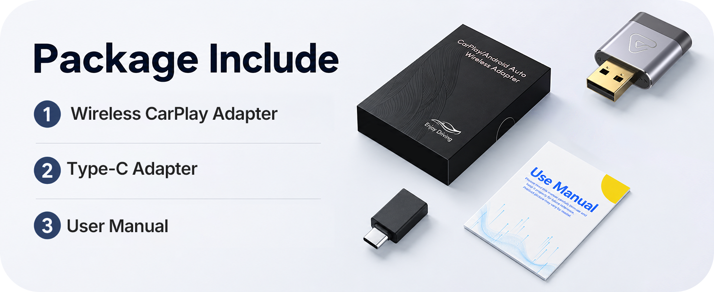 Wireless Android Auto adapter package supports easier setup with adapter and manual.