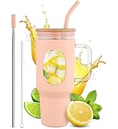 46 Oz Glass Tumbler with Lid – Large Peach Tumbler with Straw and Lid | Ergonomic Glass Water Bot...