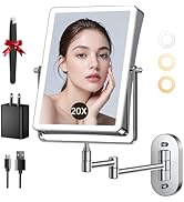 Wall Mounted Lighted Makeup Mirror, 1X/20X Magnifying 5000mAh Rechargeable Make Up Mirror with 3 ...