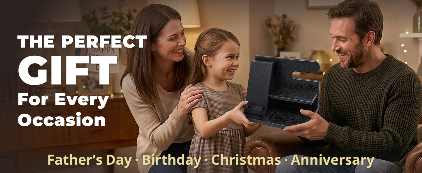 Text reads 'THE PERFECT GIFT For Every Occasion Father's Day · Birthday · Christmas · Anniversary'. Family gift promotion showing three people exchanging wrapped box.