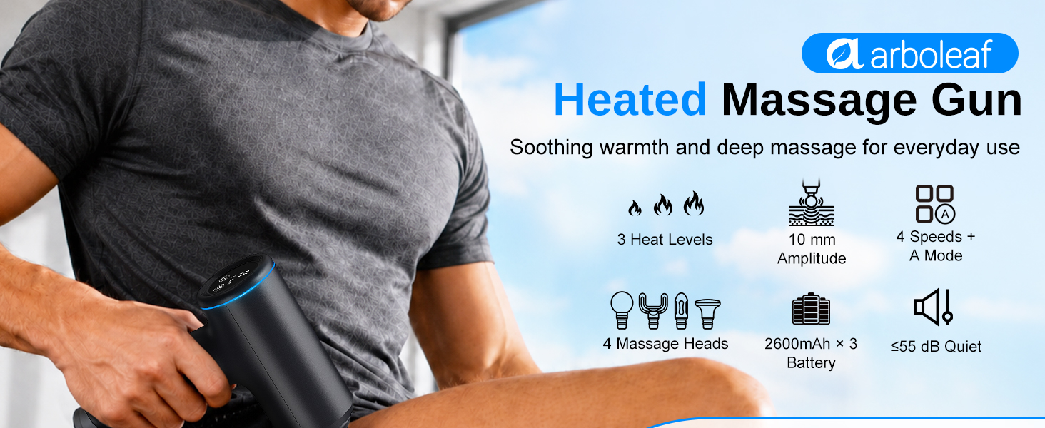 Arboleaf CM40H heated massage gun with 3 heat levels, 4 speeds and adaptive mode for recovery.