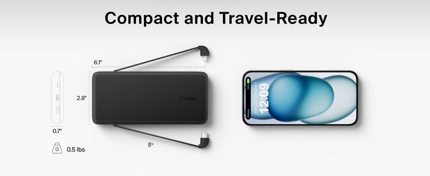 Image of power bank charger measurements with text reading compact and travel ready.