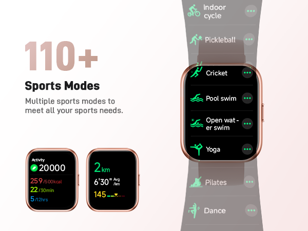 Smartwatch display showing various sports modes including Indoor cycle, Pickleball, Cricket, and Yoga. Additional screens show step count, distance, and calories burned.