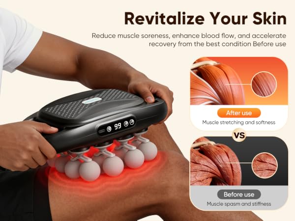 Deep tissue massage gun used on leg muscles to reduce soreness and support workout recovery.