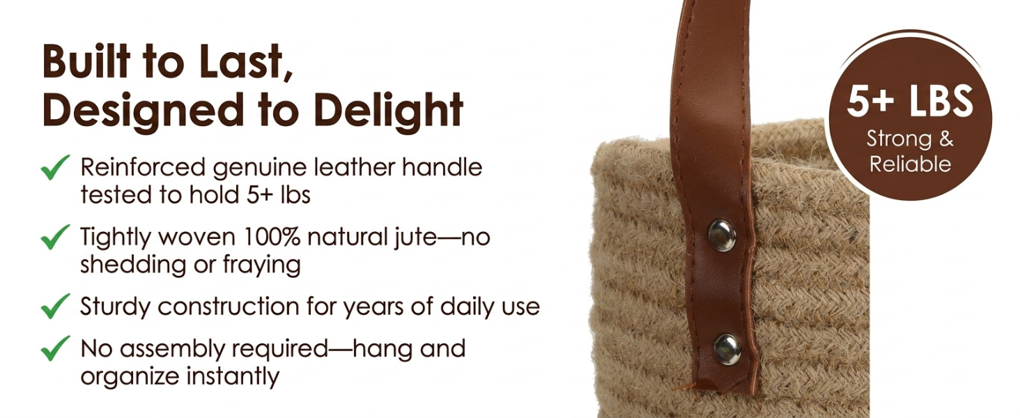 Close-up of woven jute texture and reinforced leather hanging loop with detailed stitching.
