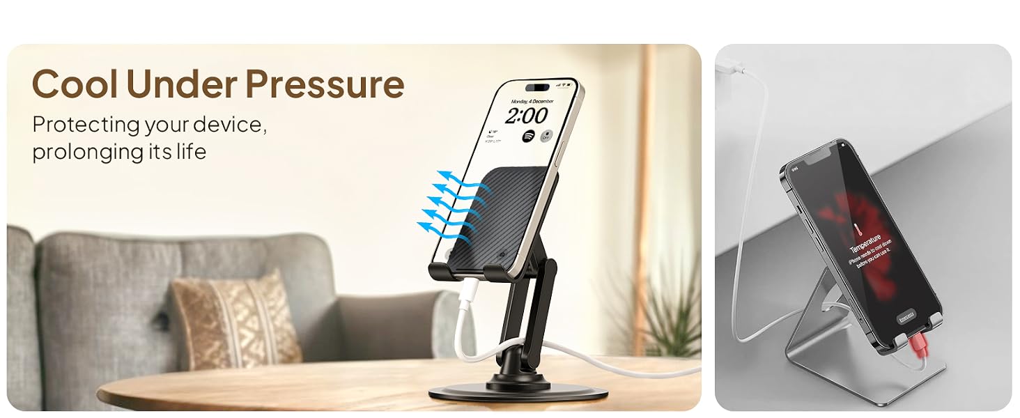 Adjustable phone holder with cooling technology, shown in living room setting and close-up mounting views, featuring heat dissipation indicators.