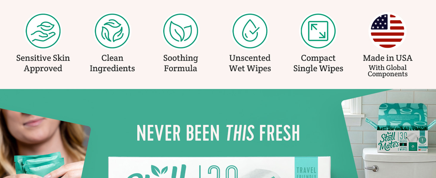 Made in the USA, single wipes, soothing formula, for sensitive skin, unscented, clean ingredients