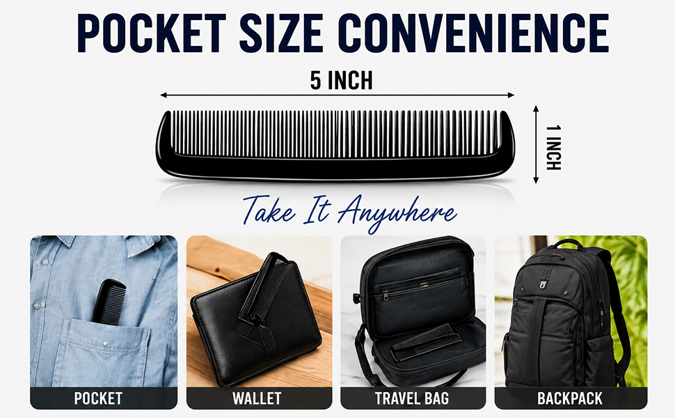 LUXXII Pocket Beard Comb 6 Pack, 5 Inch Fine Tooth Hair Comb for Men, Travel Barber Comb