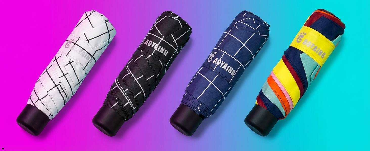 Compact Folding Umbrella, Multiple Colors, Grid and Striped Styles, Portable Travel Umbrella