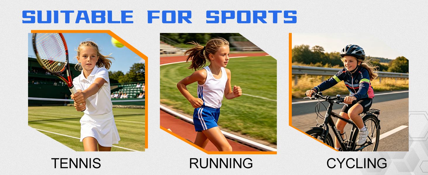 Text reads 'SUITABLE FOR SPORTS'. Three photos showing people wearing sports apparel: tennis player in white outfit, runner in athletic wear, cyclist in dark clothing.