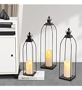 DARJEN 3 Pcs Black Metal Decorative Candle Lantern Set, 16'' 19'' 22'' Modern Lantern with 3 Flam...