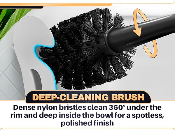 Black brush head of a toilet brush set with plunger shows dense even bristles in a side close view