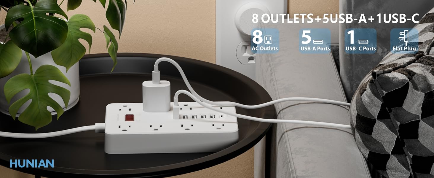 Flat Plug Power Strip with USB Ports