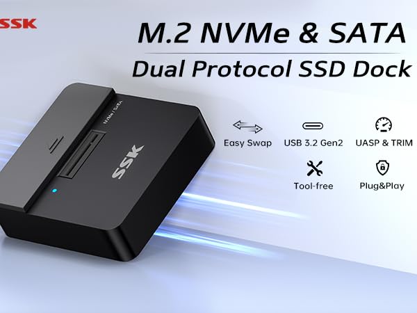 Text reads 'M.2 NVMe & SATA Dual Protocol SSD Dock'. Product images showing black electronic device with blue LED indicator from multiple angles.