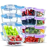 FIT Strong & Healthy Glass Meal Prep Containers 2 & 3 Compartment - 8-Pack (4-Pack with Blue Lids...
