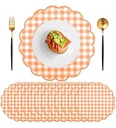 60 Pcs Orange and White Gingham Paper Placemats, 13.5 Inch Scalloped Checkered Place Mats Disposa...
