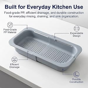 Expandable over-sink colander food-grade PP material, efficient drainage and durable construction
