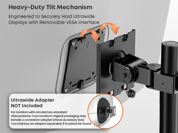 Text reads 'Heavy-Duty Tilt Mechanism', 'Ultra-wide Adapter'. Technical diagram showing mounting bracket components with tilt functionality and adapter specifications.