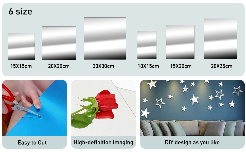 Flexible Mirror Sheets, Self Adhesive Decorative Plastic Mirror Tiles Non-Glass Mirror Stickers