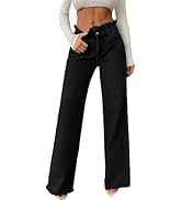 Astylish Womens High Waisted Raw Hem Jeans Stretchy Wide Leg Frayed Straight Denim Pants