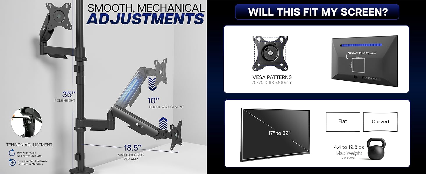 dual monitor stand vertical stack desk mount gas spring arm tall pole vesa bracket riser black