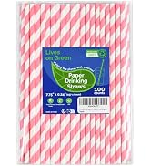 Lives on Green Pink White Striped Paper Drinking Straws 7.75 inch 100 Counts - for Cocktail, Part...