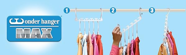 Colorful polo shirts in pink, orange and white hanging. Hand is dropping down hanger for space.