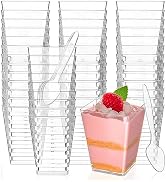 Zezzxu 50 Pack 5 oz Square Mini Dessert Cups with Spoons - Plastic Pudding Cups & Parfait Cups Pa...