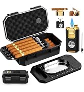 Travel Cigar Humidor Box set with Cigar Ashtray, Cigar Torch Lighter, Built-in V Cutter & Punch &...