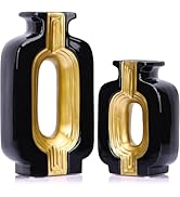 Square Black Vase, Ceramic Black and Gold Vase Set of 2, Modern Boho Decorative Vases for Kitchen...