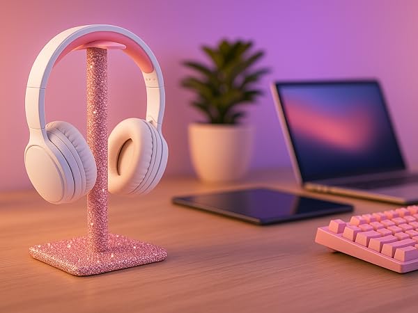 pink rhinestone headphone stand sitting