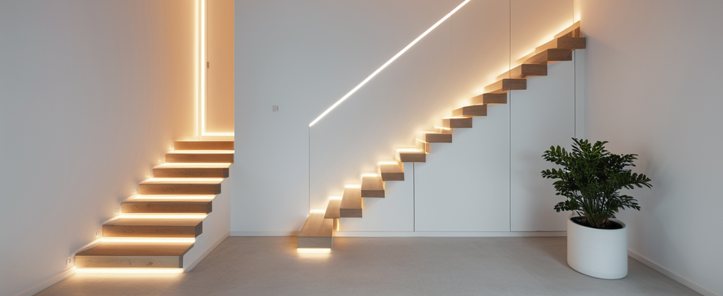 Modern minimalist staircase with integrated LED lighting along steps and wall, featuring white walls and decorative plant.