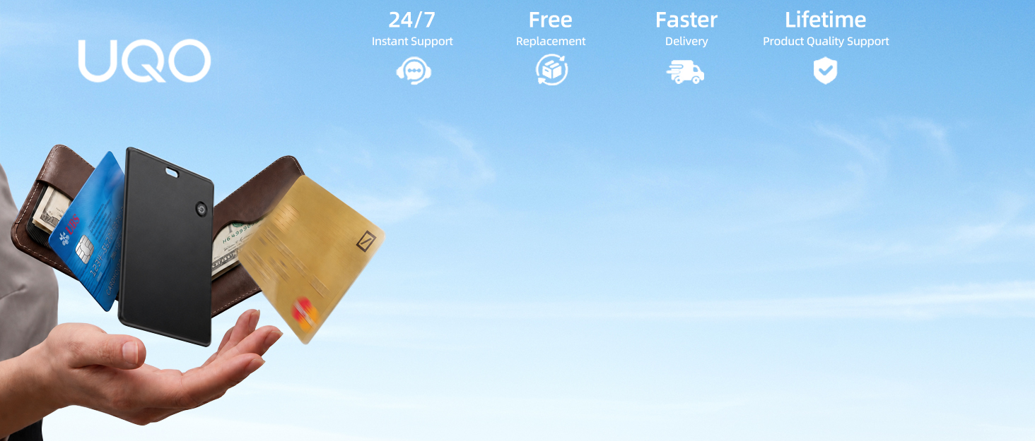 UQO slim wallet tracker card with 24/7 support, free replacement and fast delivery