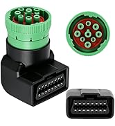 FRCVESNG 90° Right Angle Type 2 Green 9 Pin J1939 Male to OBD2 16 Pin Female Adapter Fit for Heav...