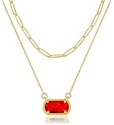 Lourny Gemstone Birthstone Pendant Layered Necklace for Women Trendy, 18K Gold Plated Paperclip C...