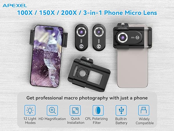 APEXEL 100X/150X/200X/3-IN-1 Phone Microscope Lens