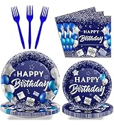 Wiooffen Blue Birthday Party Tableware Set for 24 Guests Navy Blue and Silver Happy Birthday Part...