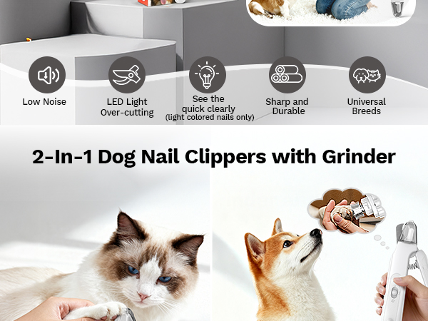 Five feature icons above cat and Shiba Inu with 2-in-1 electric nail clippers and grinder device