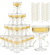 Irosiy ACRYLIC Champagne Tower Set - 20 Pack 7oz Shatterproof Flutes + 25 Pink Bows & 30 Dots, St...