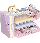 ECOLOVI Desk Organizer, 4-Tier Paper Organizer Letter Tray with File Holder, Drawer and 2 Pen Hol...