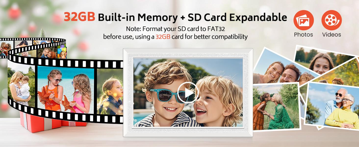 frameo digital picture photo video frame smart wifi HD IPS touch screen slideshow 32GB auto rotate
