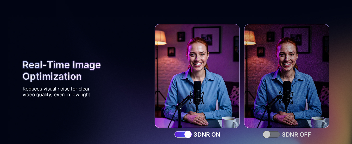 4K Webcam: 3DNR noise reduction in low-light environments.